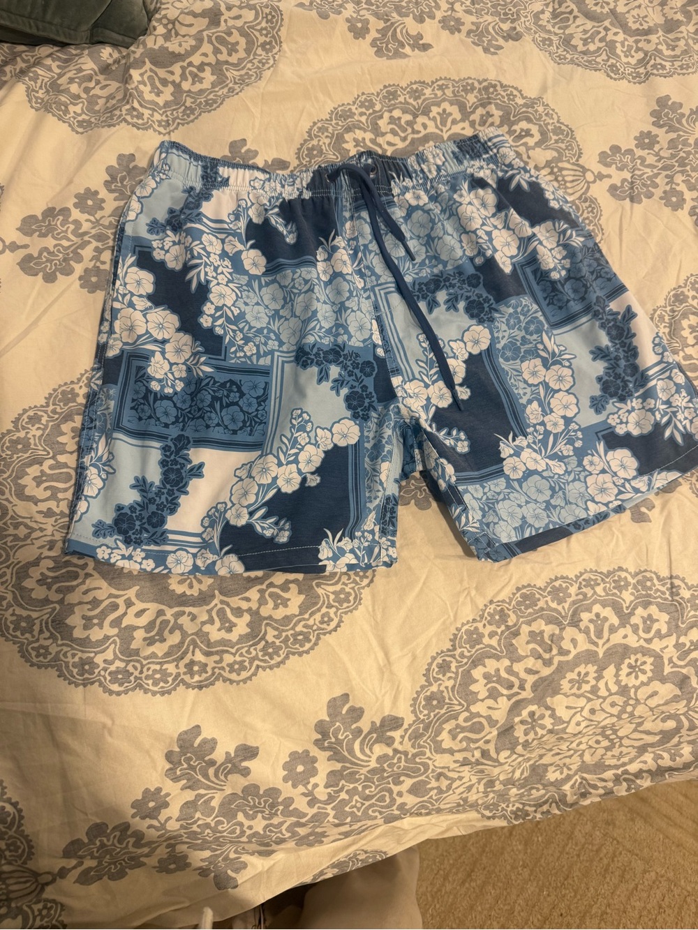 Blue Floral Patchwork Vintage Summer brand Drawstring Swim Shorts